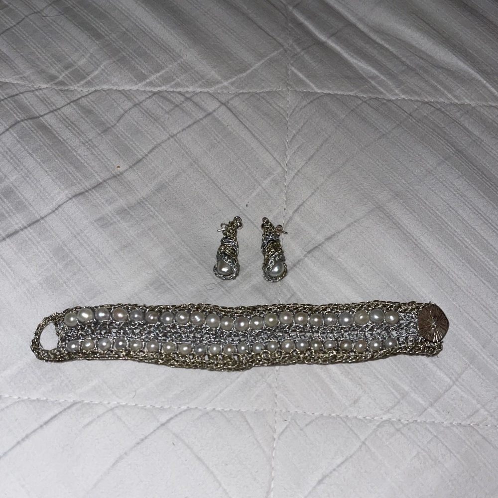 Sterling silver thread braided bracelet matching pearl earring